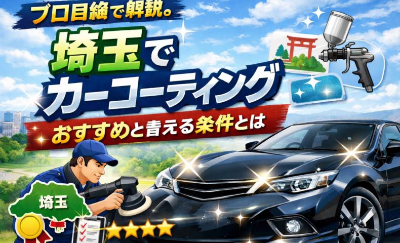 埼玉でカーコーティングを検討する方向けに、プロ施工で磨きと艶を重視した仕上がりを解説するイメージ画像