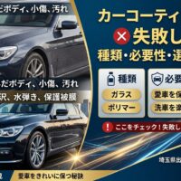 カーコーティングとは何かをテーマに、施工前後の比較写真とともに、失敗しないための種類・必要性・選び方の基本を解説したアイキャッチ画像