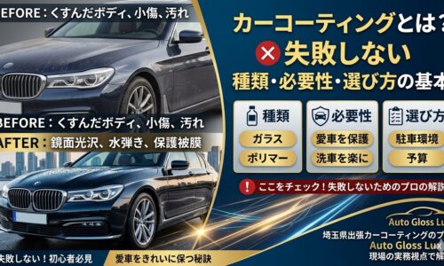 カーコーティングとは何かをテーマに、施工前後の比較写真とともに、失敗しないための種類・必要性・選び方の基本を解説したアイキャッチ画像