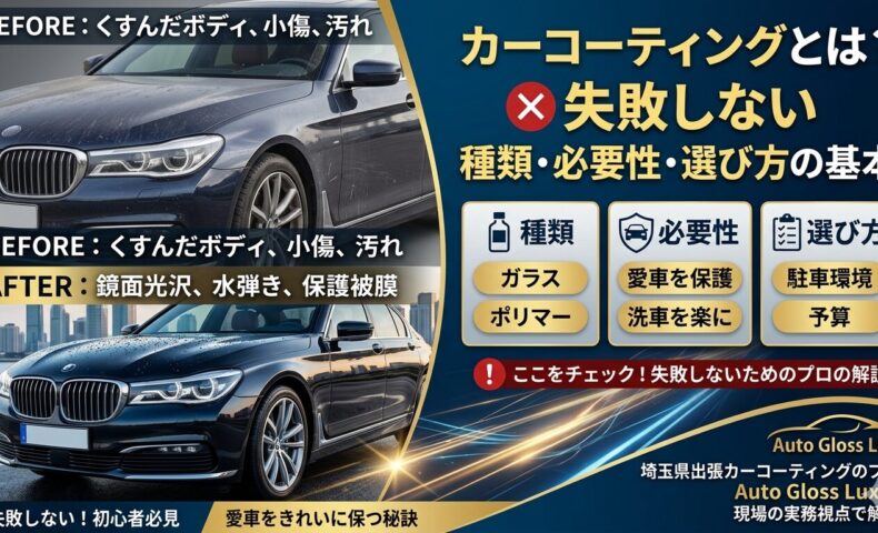 カーコーティングとは何かをテーマに、施工前後の比較写真とともに、失敗しないための種類・必要性・選び方の基本を解説したアイキャッチ画像