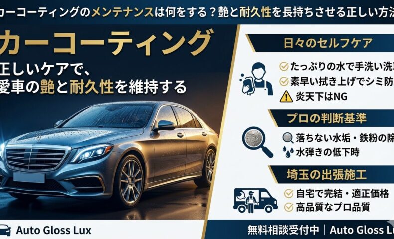 カーコーティングのメンテナンス方法を解説するアイキャッチ画像。正しい洗車による日々のセルフケア、落ちない水垢や鉄粉のプロ判断基準、埼玉の出張施工対応について紹介している。