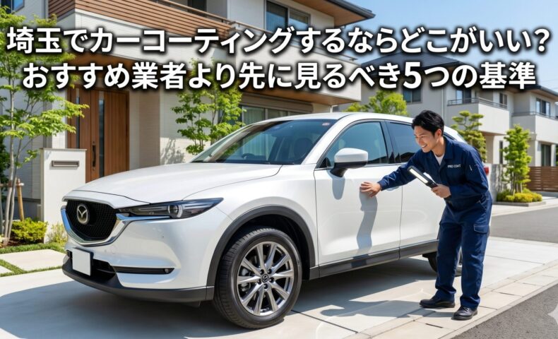 埼玉でカーコーティングするならどこがいいかを解説するアイキャッチ画像。住宅街の自宅前で白いSUVにコーティング施工を行うスタッフが写っている
