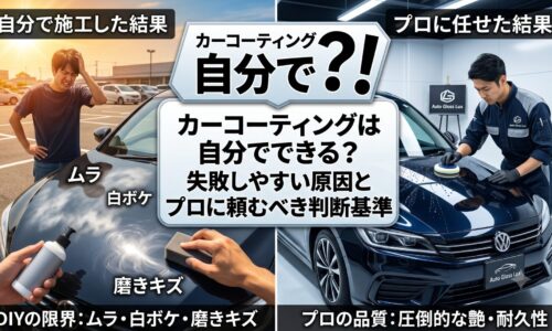 カーコーティングを自分で施工した場合のムラ・白ボケ・磨きキズと、プロ施工による高品質な仕上がりを比較したアイキャッチ画像