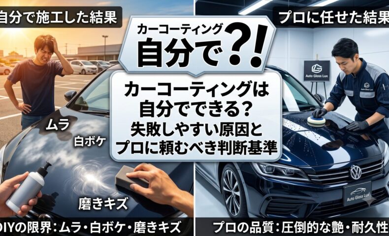 カーコーティングを自分で施工した場合のムラ・白ボケ・磨きキズと、プロ施工による高品質な仕上がりを比較したアイキャッチ画像