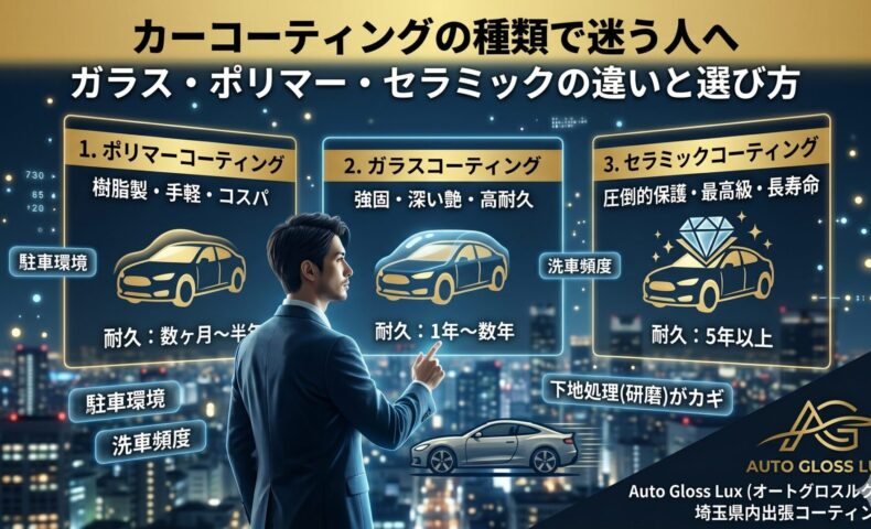 カーコーティングの種類としてポリマー・ガラス・セラミックの違いと選び方を比較したAuto Gloss Luxのアイキャッチ画像