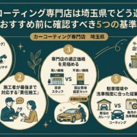 埼玉県でカーコーティング専門店を選ぶ際に確認したい5つの基準をまとめたアイキャッチ画像。下地処理、責任施工、適正価格、店舗型と出張型の違い、駐車環境や洗車頻度に合う提案を図解している。