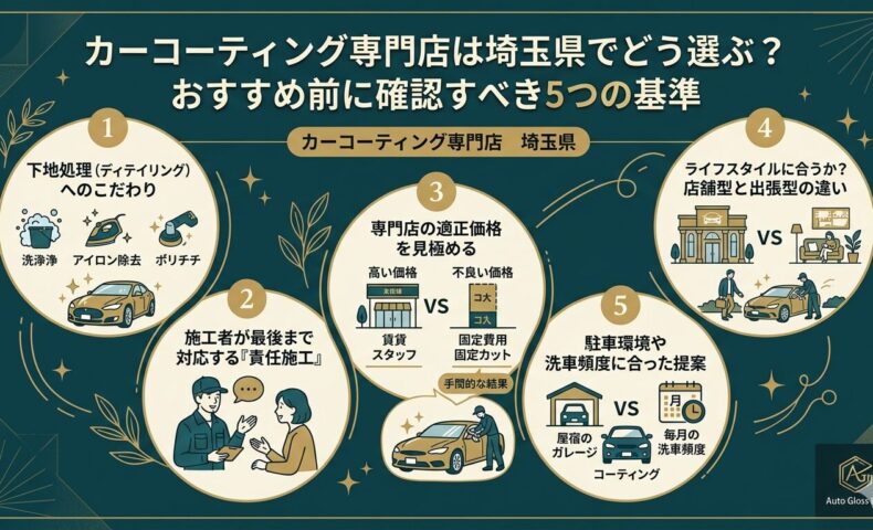 埼玉県でカーコーティング専門店を選ぶ際に確認したい5つの基準をまとめたアイキャッチ画像。下地処理、責任施工、適正価格、店舗型と出張型の違い、駐車環境や洗車頻度に合う提案を図解している。
