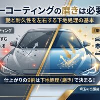 カーコーティングの磨きは必要かを比較で解説したアイキャッチ画像。磨きなしでは艶が出ず効果が切れやすい一方、磨きありでは艶・耐久性・小傷除去に優れることを示している。