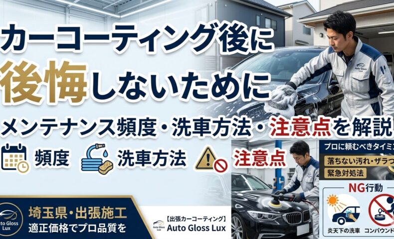 カーコーティング後に後悔しないためのメンテナンス頻度、正しい洗車方法、注意点を解説するAuto Gloss Luxのアイキャッチ画像